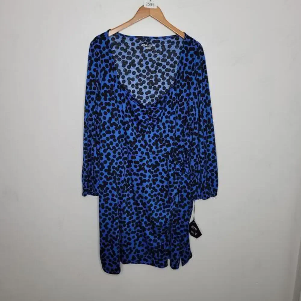 Ava Viv Women Faux‎ Wrap Dress Size 3X Balloon Sleeve Blue Black Stretchy Midi
